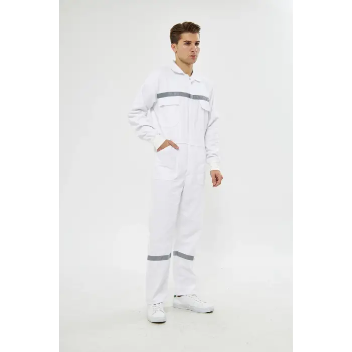 Mervem Beyaz Reflektörlü Pamuk İş Tulumu