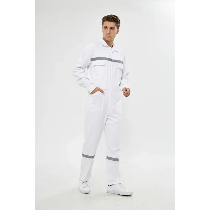 Mervem Beyaz Reflektörlü Pamuk İş Tulumu