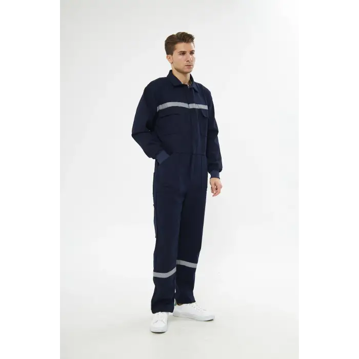 Orange Safety Bütün İş Tulumu %100 Pamuk Reflektörlü Lacivert