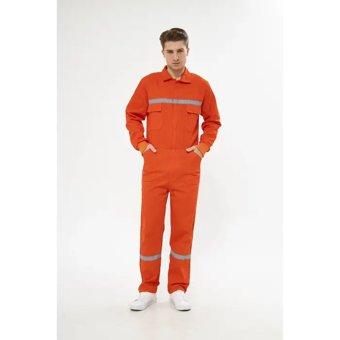 Orange Safety Bütün İş Tulumu Turuncu 16/12 Gabardin %100 Pamuk Reflektörlü