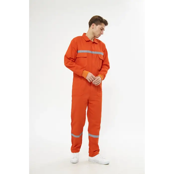 Orange Safety Bütün İş Tulumu Turuncu 16/12 Gabardin %100 Pamuk Reflektörlü