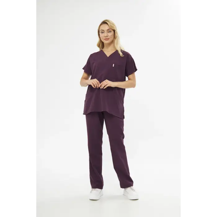 Orange Safety V Yaka Treecotton Mürdüm Rengi Hemşire Takım Scrubs Forma