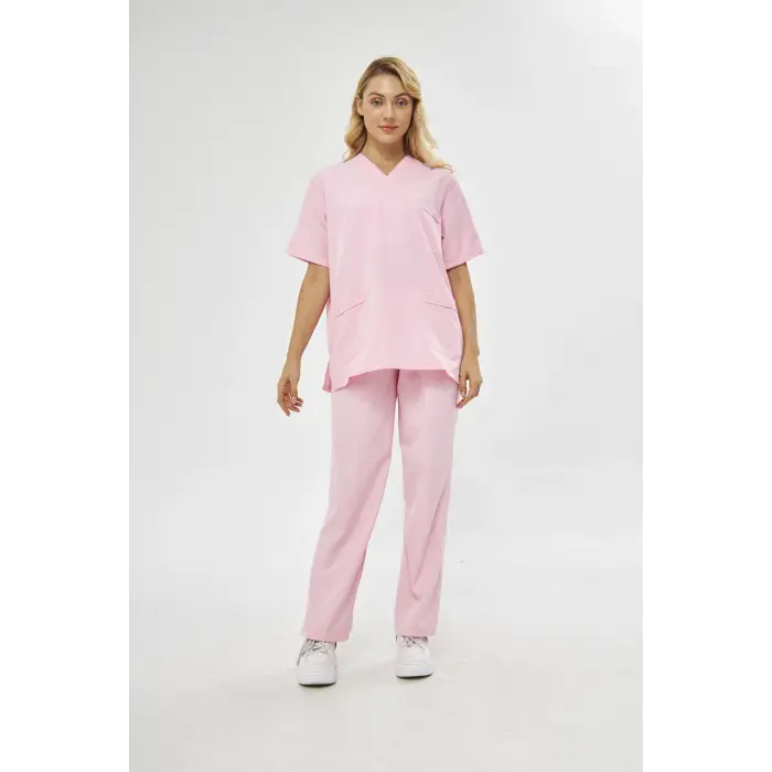 Orange Safety V Yaka Treecotton Pembe Hemşire Takım Scrubs Forma