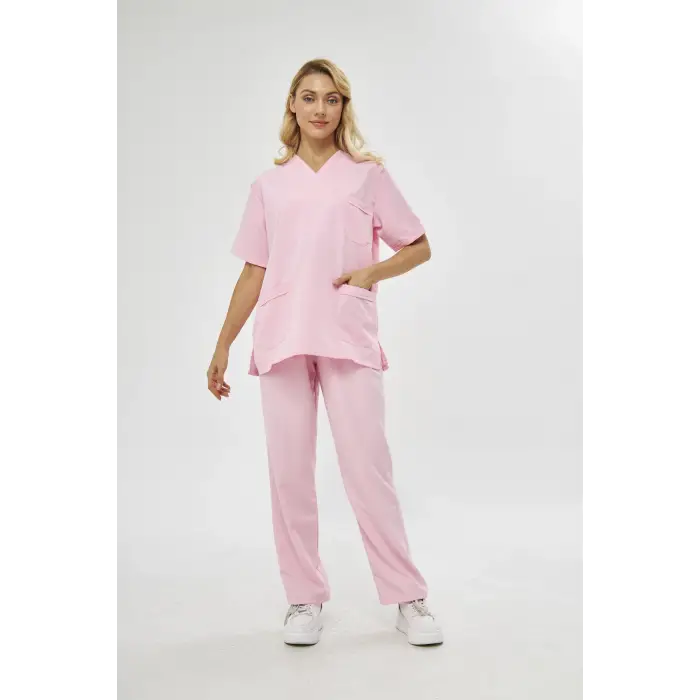 Orange Safety V Yaka Treecotton Pembe Hemşire Takım Scrubs Forma