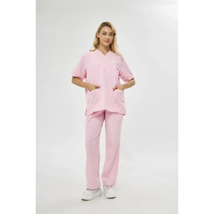 Orange Safety V Yaka Treecotton Pembe Hemşire Takım Scrubs Forma