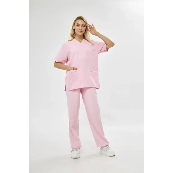 Orange Safety V Yaka Treecotton Pembe Hemşire Takım Scrubs Forma