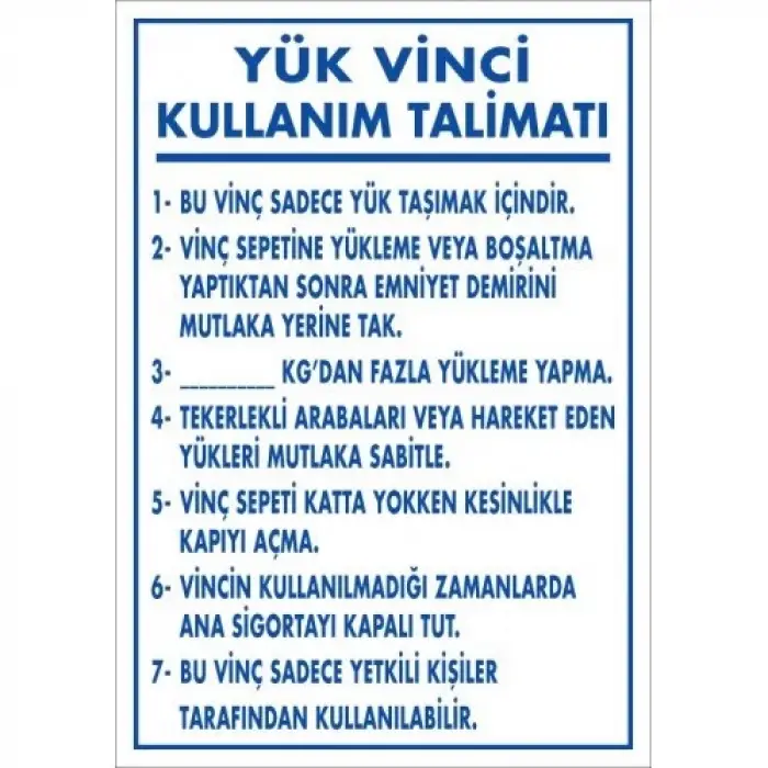 Pvc Levha Yük Vinci Kullanım Talimatı 35*50-50*70-70*100 cm