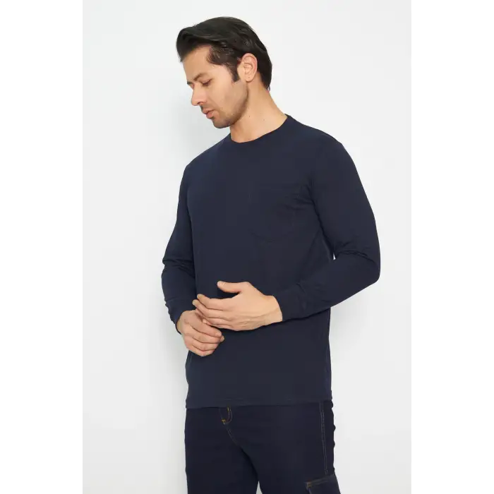 Sweat T-shırt Bisiklet Yaka Kışlık Uzun Kol Lacivert