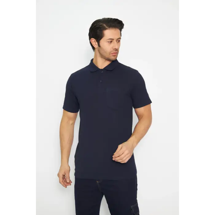 T-shirt Polo Yaka Kısakol %100 Pamuk Cepli Lacivert