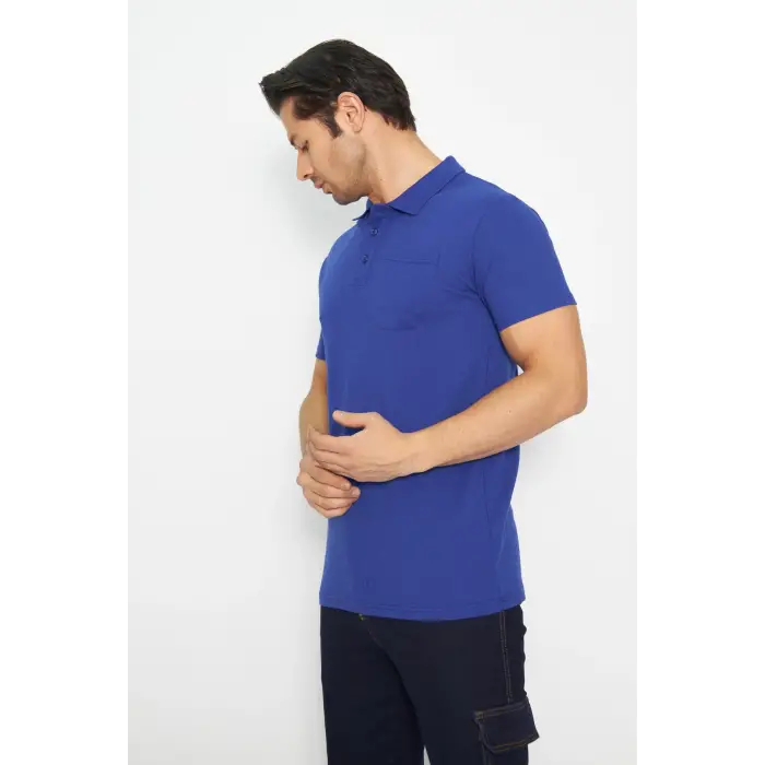 T-shirt Polo Yaka Kısakol %100 Pamuk Cepli Sax Mavi