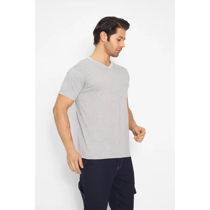 T-shirt V Yaka Kısakol %100 Pamuk Cepli Gri