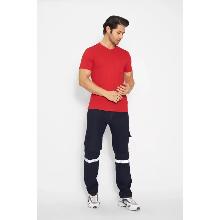 T-shirt V Yaka Kısakol %100 Pamuk Cepli Kırmızı