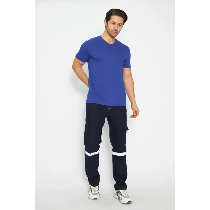 T-shirt V Yaka Kısakol %100 Pamuk Cepli Sax Mavi