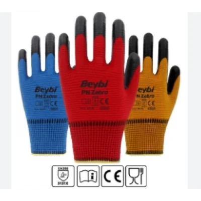BEYBİ PN3 Zebra Polyester Örme Nitril Eldiven (Kırmızı-Mavi-Turuncu)