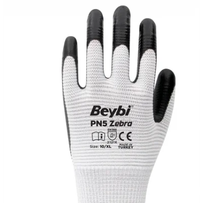 Beybi Pn5 Zebra Beyaz Polyester Örme Nitril Eldiven