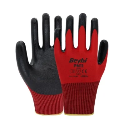 Beybi PN11 Polyester Örme Nitril Eldiven Kırmızı-Siyah