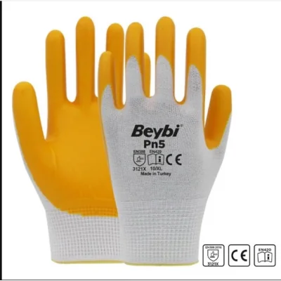 Beybi Eldiven Pn5  Nitril Sarı Beyaz Iş Eldiveni