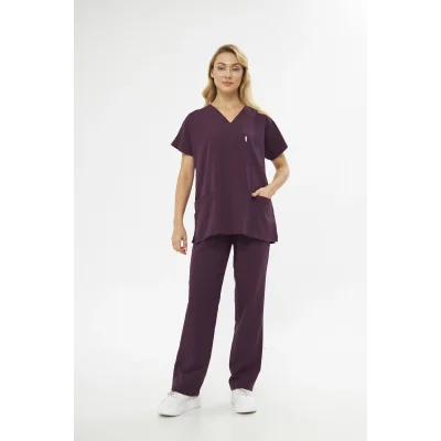 Orange Safety V Yaka Treecotton Mürdüm Rengi Hemşire Takım Scrubs Forma