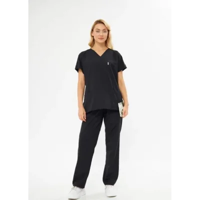 Orange Safety V Yaka Treecotton Siyah Hemşire Takım Scrubs Forma