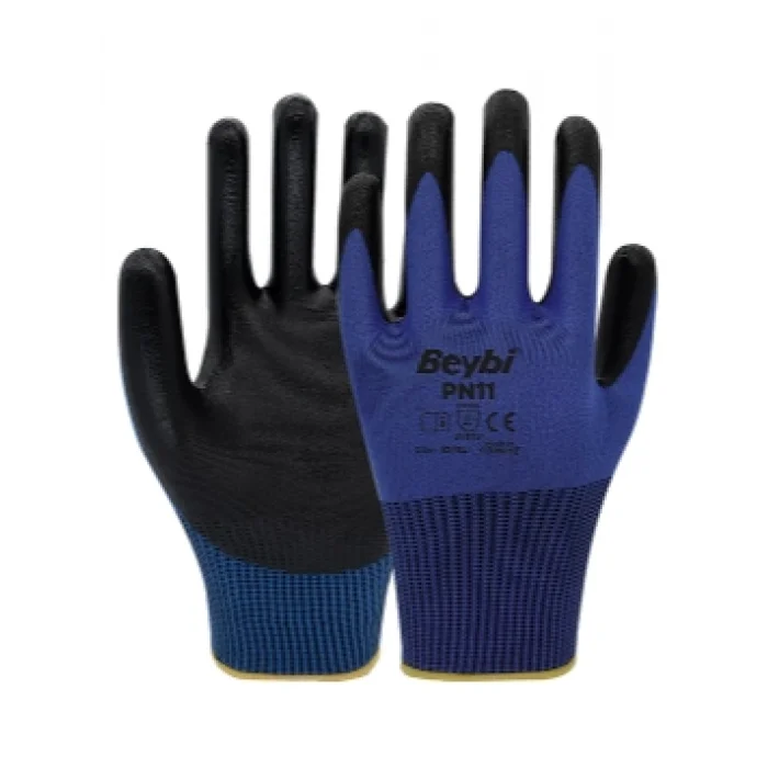 Beybi PN11 Polyester Örme Nitril Eldiven Mavi-Siyah