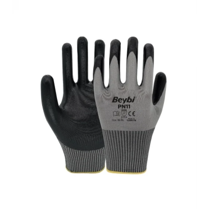 Beybi PN11 Polyester Örme Nitril Eldiven Gri-Siyah