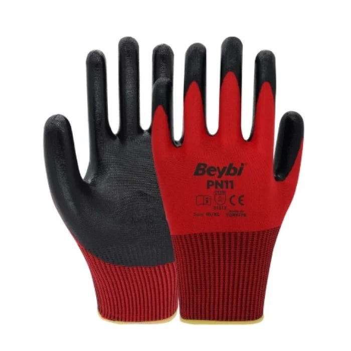 Beybi PN11 Polyester Örme Nitril Eldiven Kırmızı-Siyah