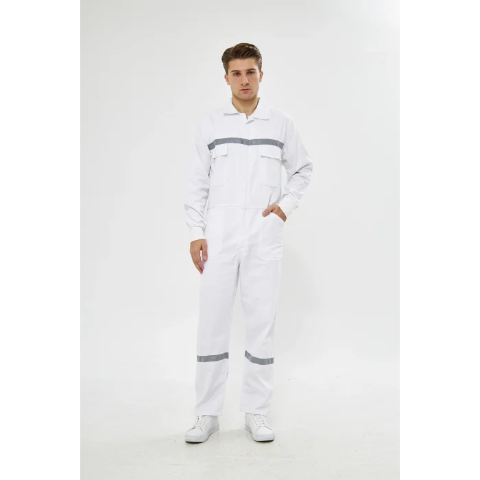 Mervem Beyaz Reflektörlü Pamuk İş Tulumu