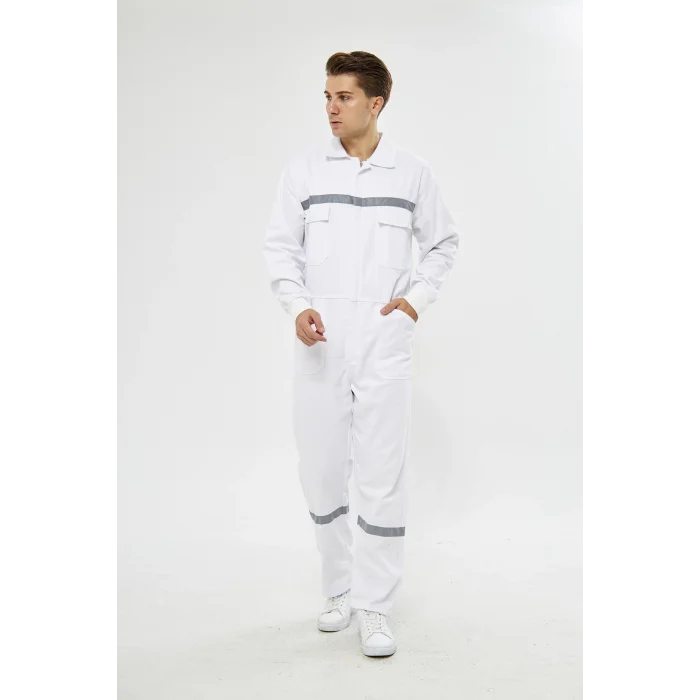 Mervem Beyaz Reflektörlü Pamuk İş Tulumu