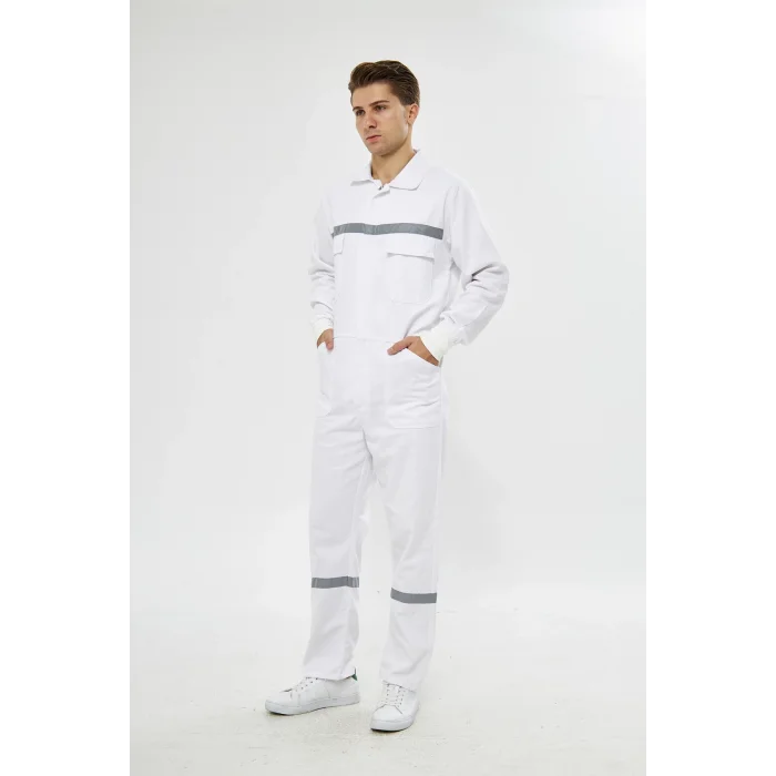 Mervem Beyaz Reflektörlü Pamuk İş Tulumu