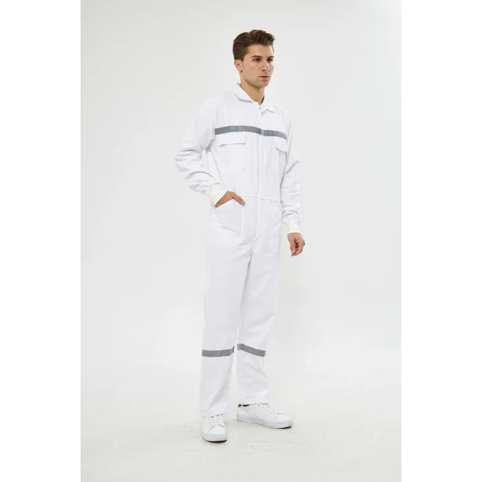 Mervem Beyaz Reflektörlü Pamuk İş Tulumu