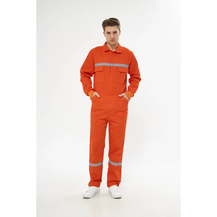 Orange Safety Bütün İş Tulumu Turuncu 16/12 Gabardin %100 Pamuk Reflektörlü