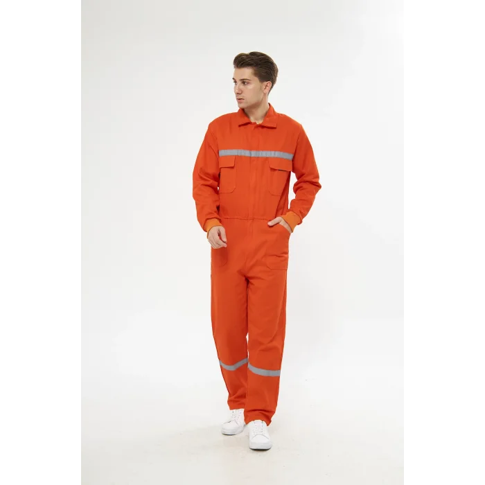 Orange Safety Bütün İş Tulumu Turuncu 16/12 Gabardin %100 Pamuk Reflektörlü