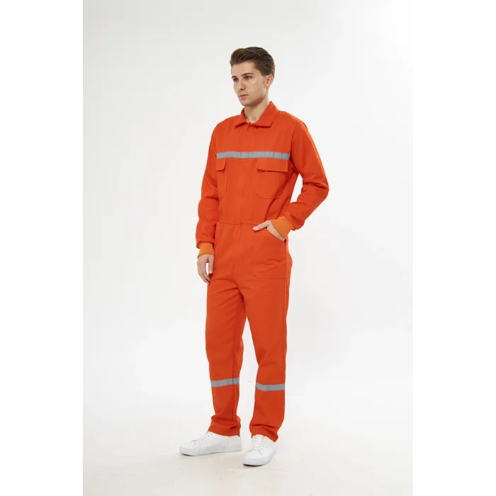 Orange Safety Bütün İş Tulumu Turuncu 16/12 Gabardin %100 Pamuk Reflektörlü