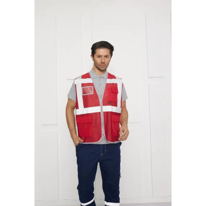 Orange Safety Kırmızı Fileli Mühendis Tipi İkaz Yeleği