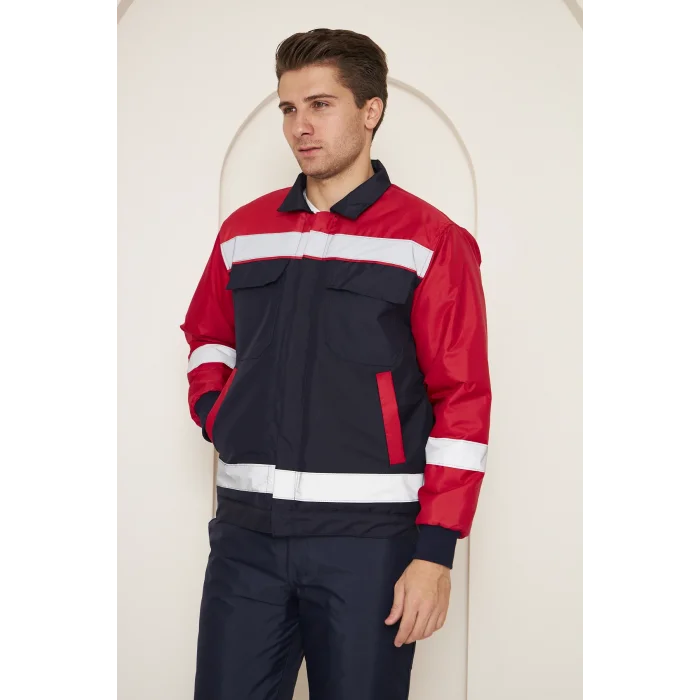 Orange Safety Kırmızı Robalı Lacivert Soğuk Hava Montu Su Ve Rüzgar İticili