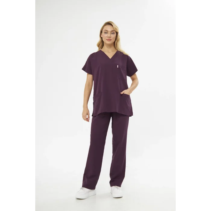 Orange Safety V Yaka Treecotton Mürdüm Rengi Hemşire Takım Scrubs Forma