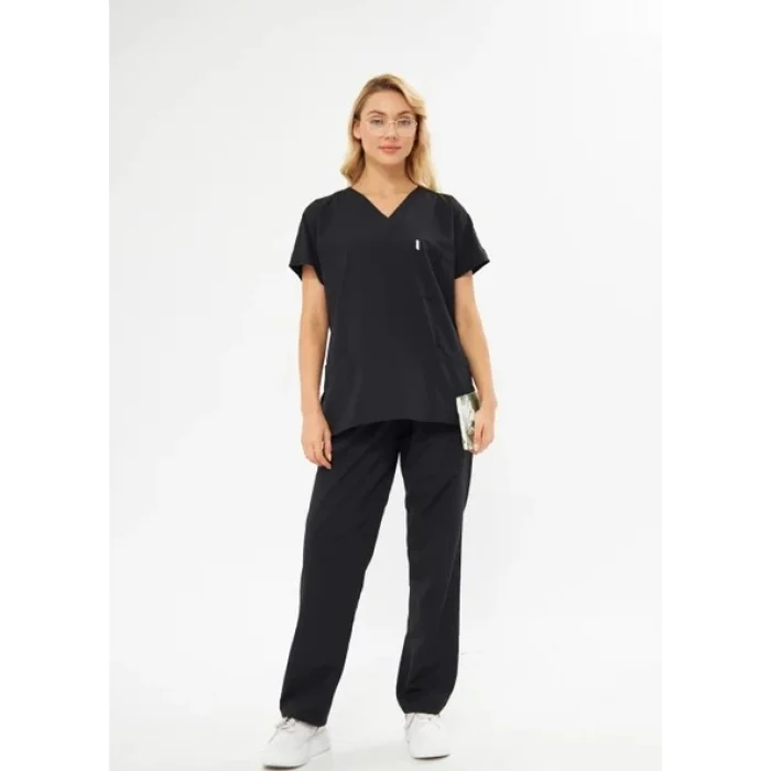 Orange Safety V Yaka Treecotton Siyah Hemşire Takım Scrubs Forma