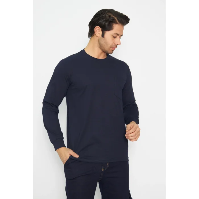 Sweat T-shırt Bisiklet Yaka Kışlık Uzun Kol Lacivert