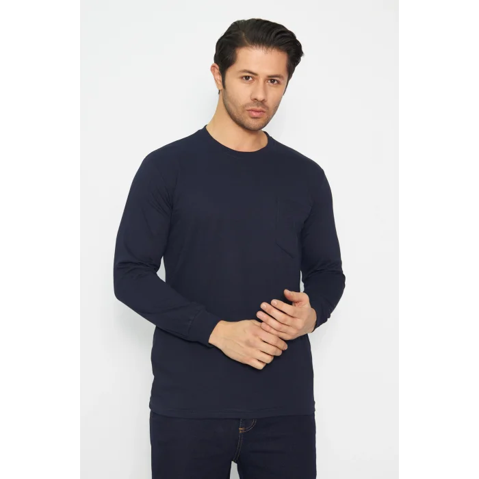 Sweat T-shırt Bisiklet Yaka Kışlık Uzun Kol Lacivert