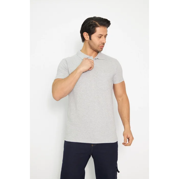 T-shirt Polo Yaka Kısakol %100 Pamuk Cepli Gri