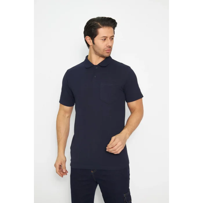 T-shirt Polo Yaka Kısakol %100 Pamuk Cepli Lacivert