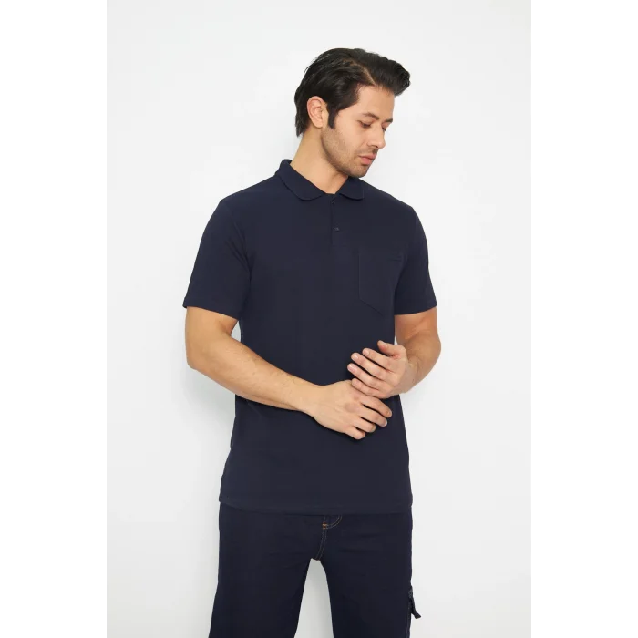 T-shirt Polo Yaka Kısakol %100 Pamuk Cepli Lacivert