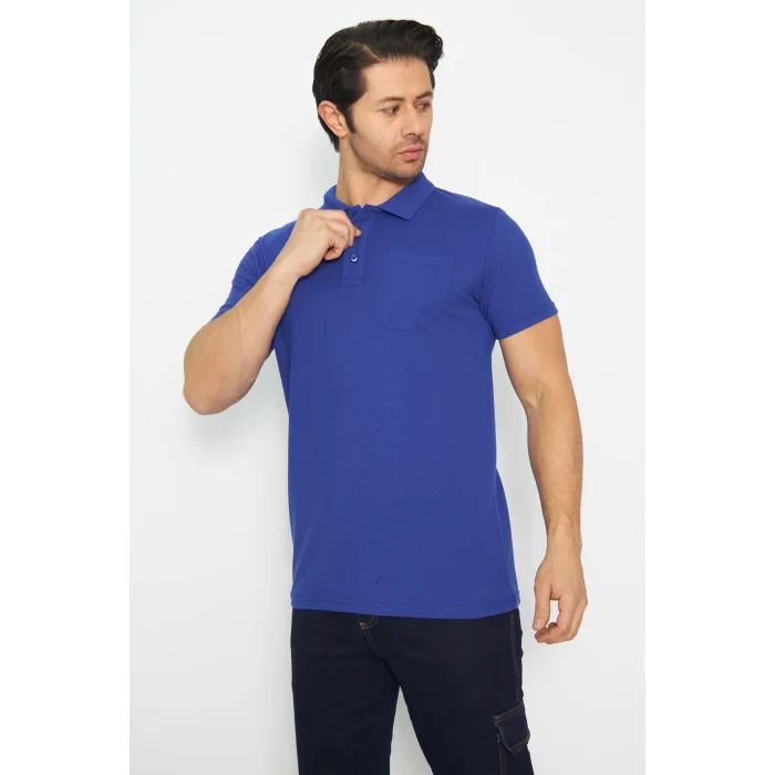 T-shirt Polo Yaka Kısakol %100 Pamuk Cepli Sax Mavi