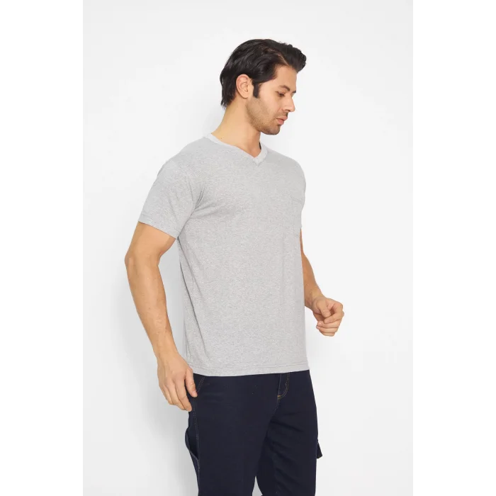 T-shirt V Yaka Kısakol %100 Pamuk Cepli Gri