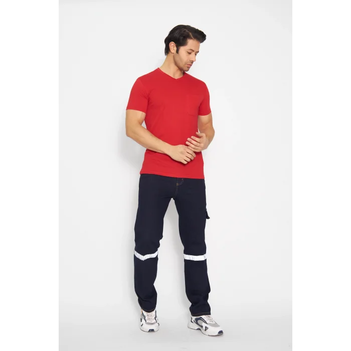 T-shirt V Yaka Kısakol %100 Pamuk Cepli Kırmızı