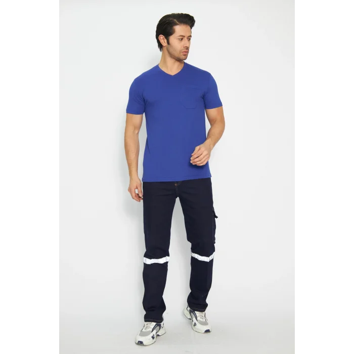 T-shirt V Yaka Kısakol %100 Pamuk Cepli Sax Mavi