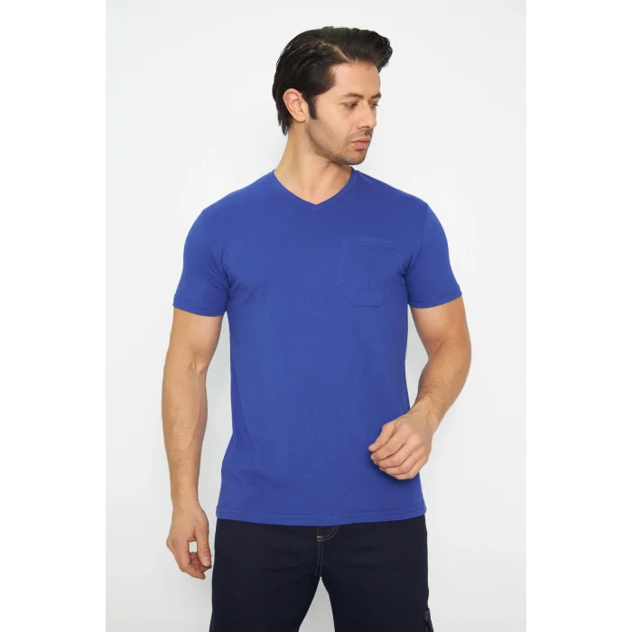 T-shirt V Yaka Kısakol %100 Pamuk Cepli Sax Mavi
