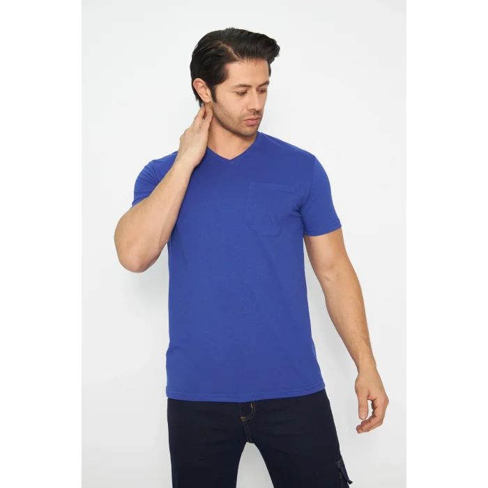 T-shirt V Yaka Kısakol %100 Pamuk Cepli Sax Mavi