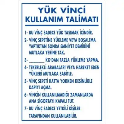Pvc Levha Yük Vinci Kullanım Talimatı 35*50-50*70-70*100 cm