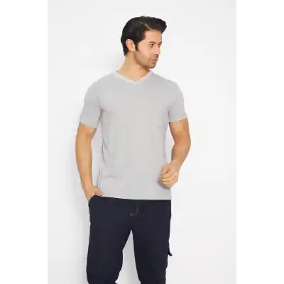 T-shirt V Yaka Kısakol %100 Pamuk Cepli Gri